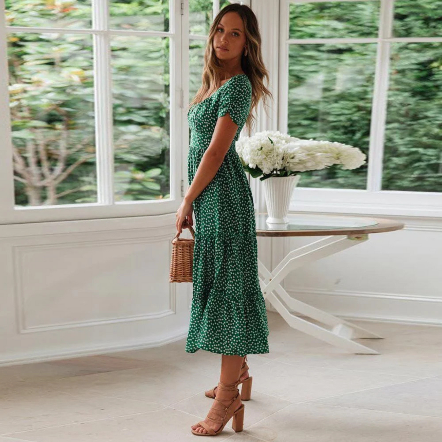 Femmes Robe Midi Boho | Manches Bouffantes
