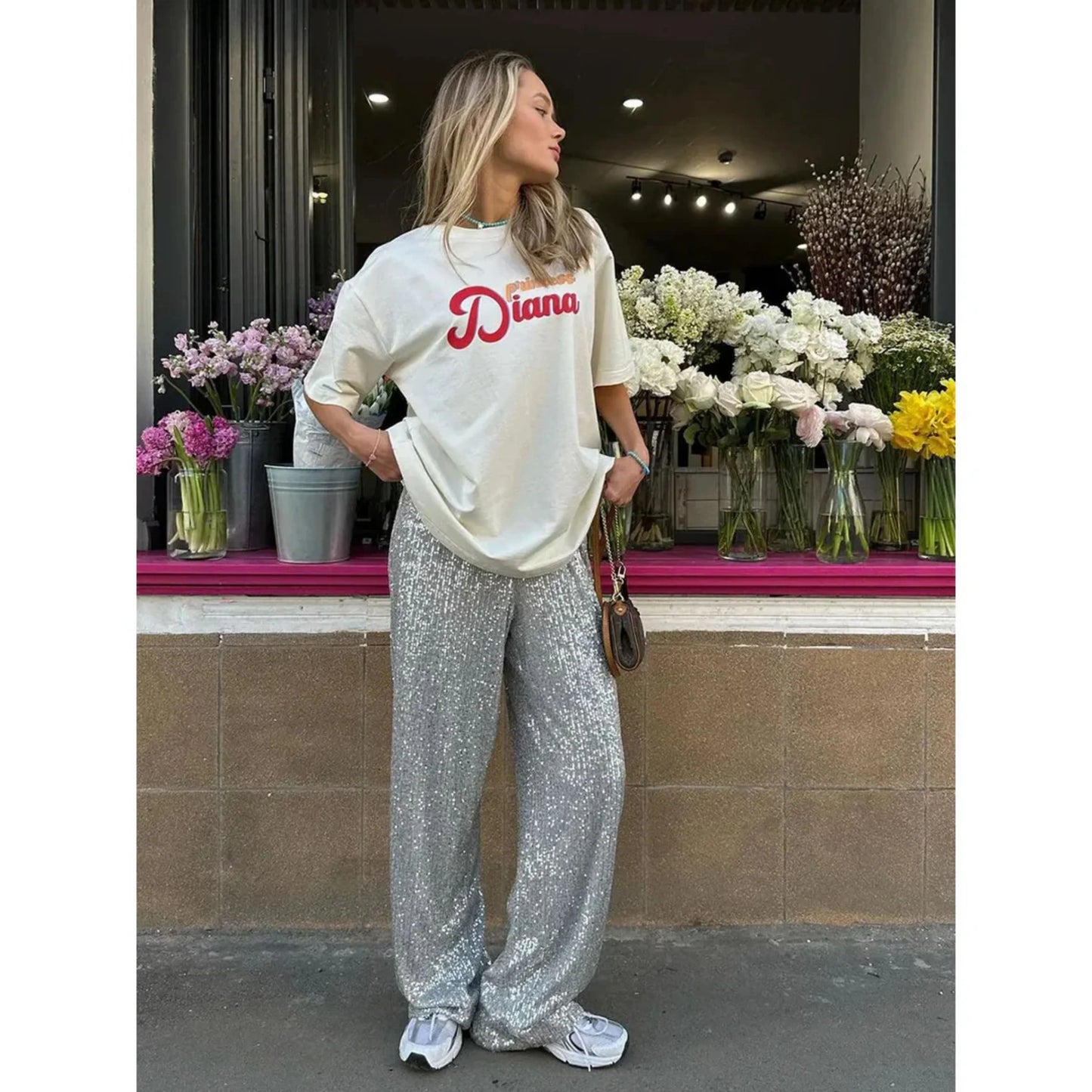 Femmes Pantalon Paillettes Taille Haute | Ample