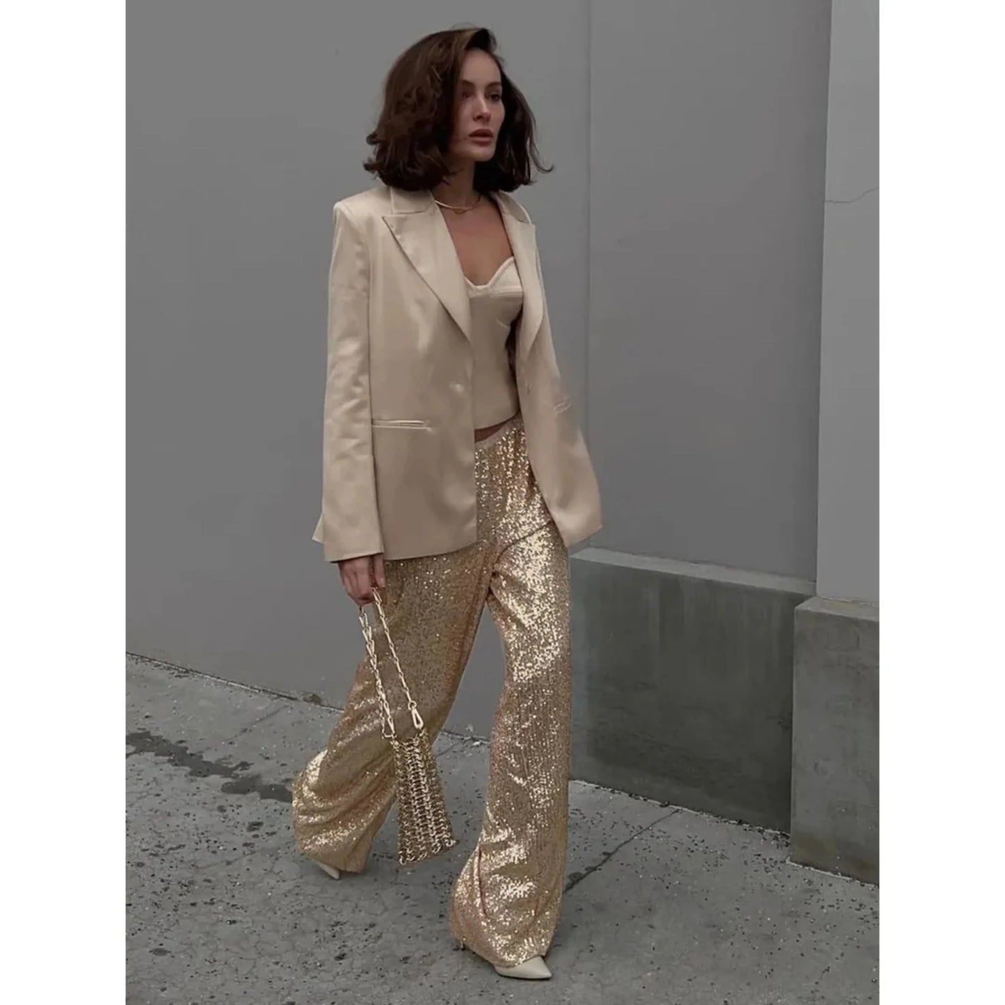 Femmes Pantalon Paillettes Taille Haute | Ample