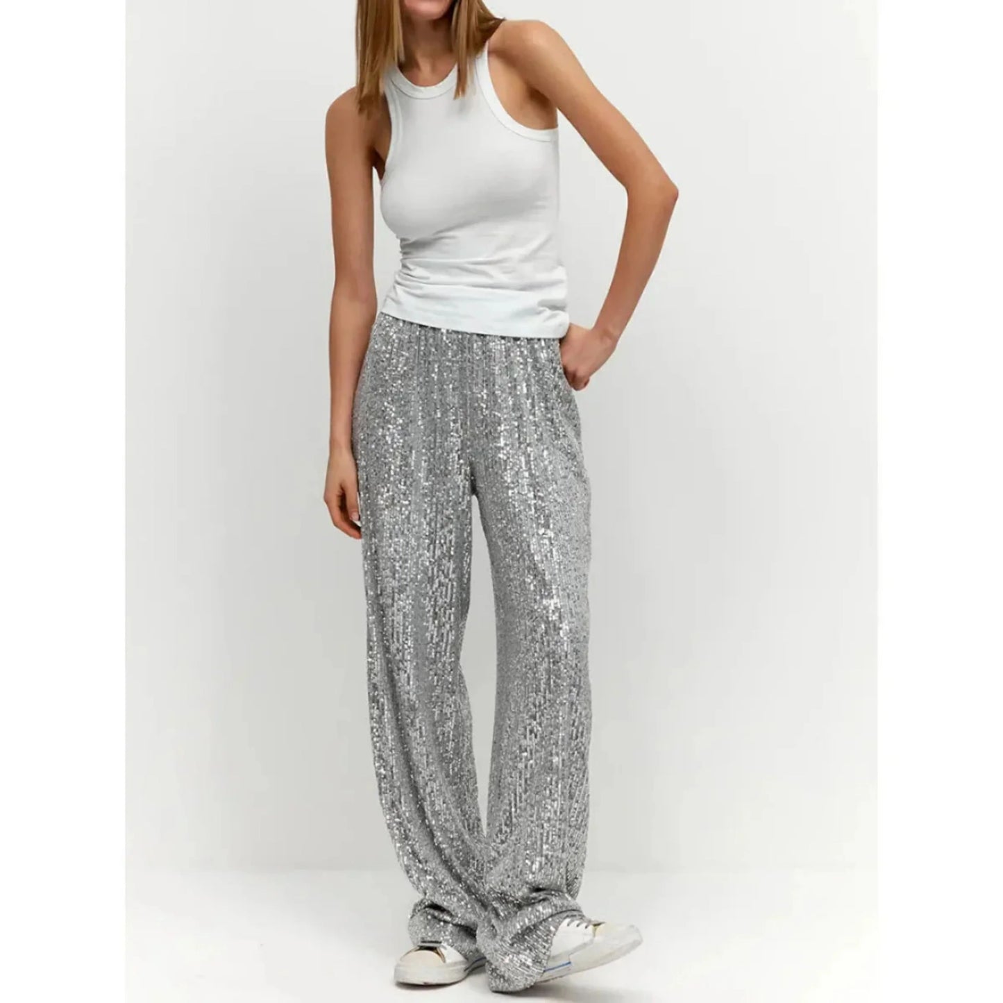 Femmes Pantalon Paillettes Taille Haute | Ample
