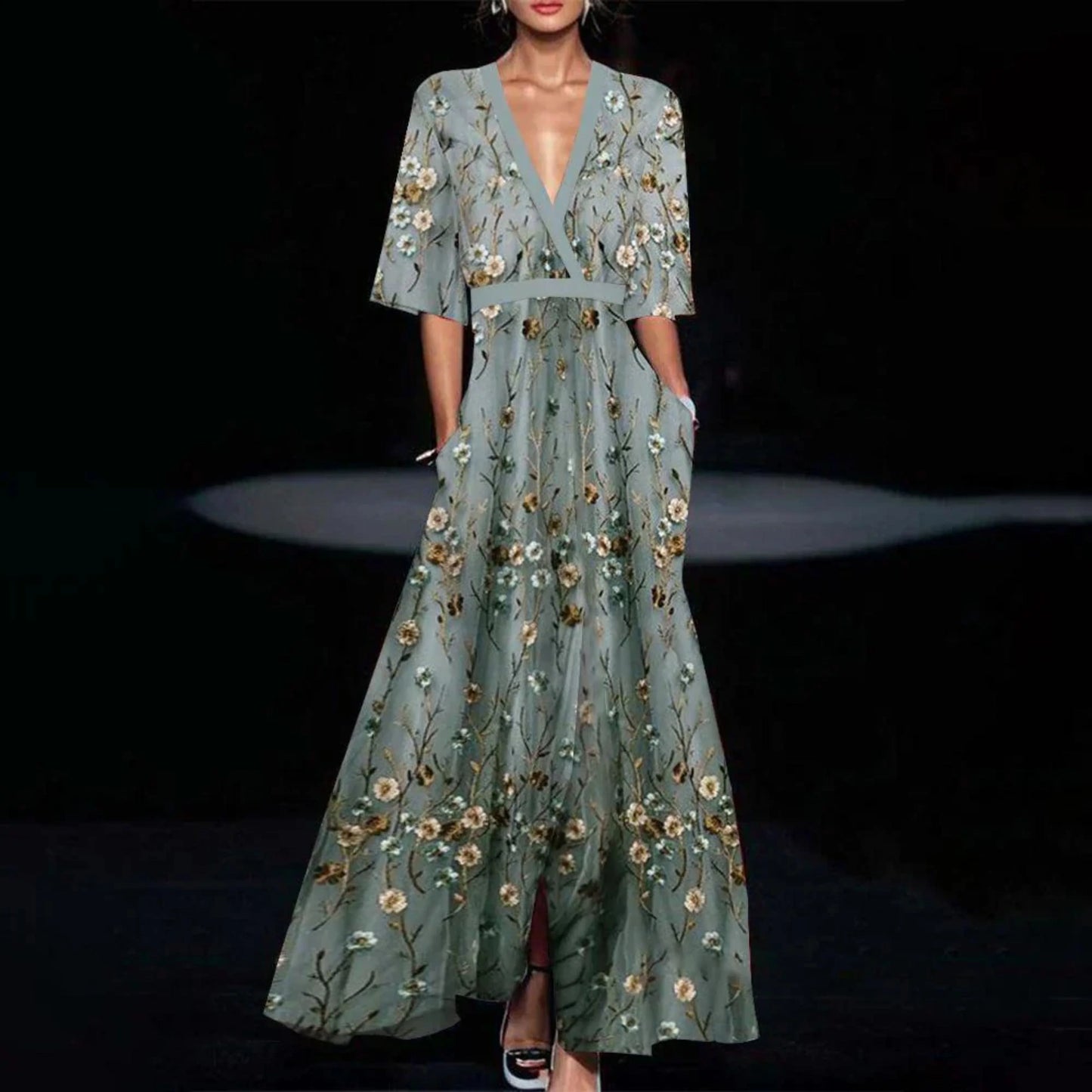 Femmes Robe Longue Verte | Demi-Manches Jeune