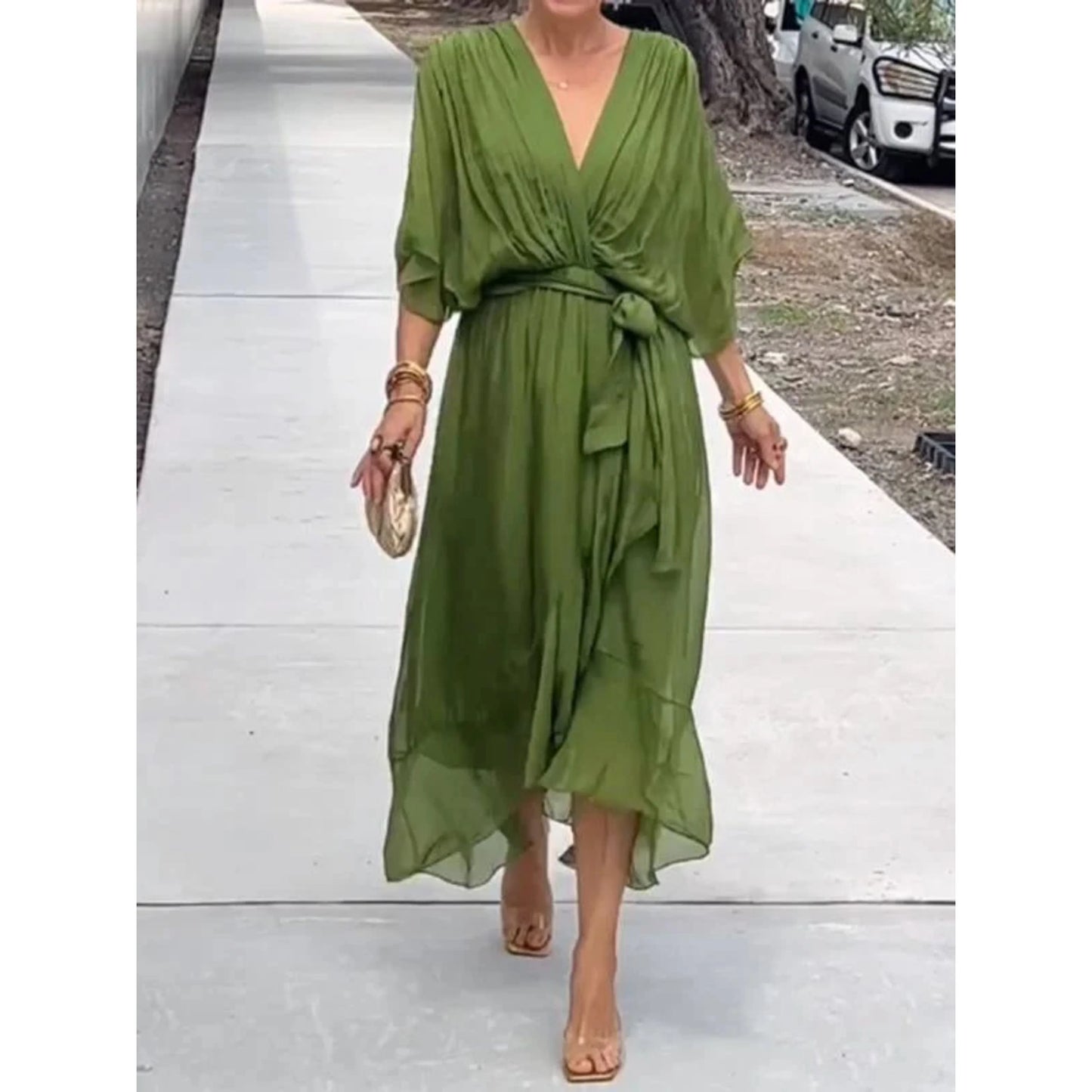 Femmes Robe Col V | Mousseline de Soie Stylée