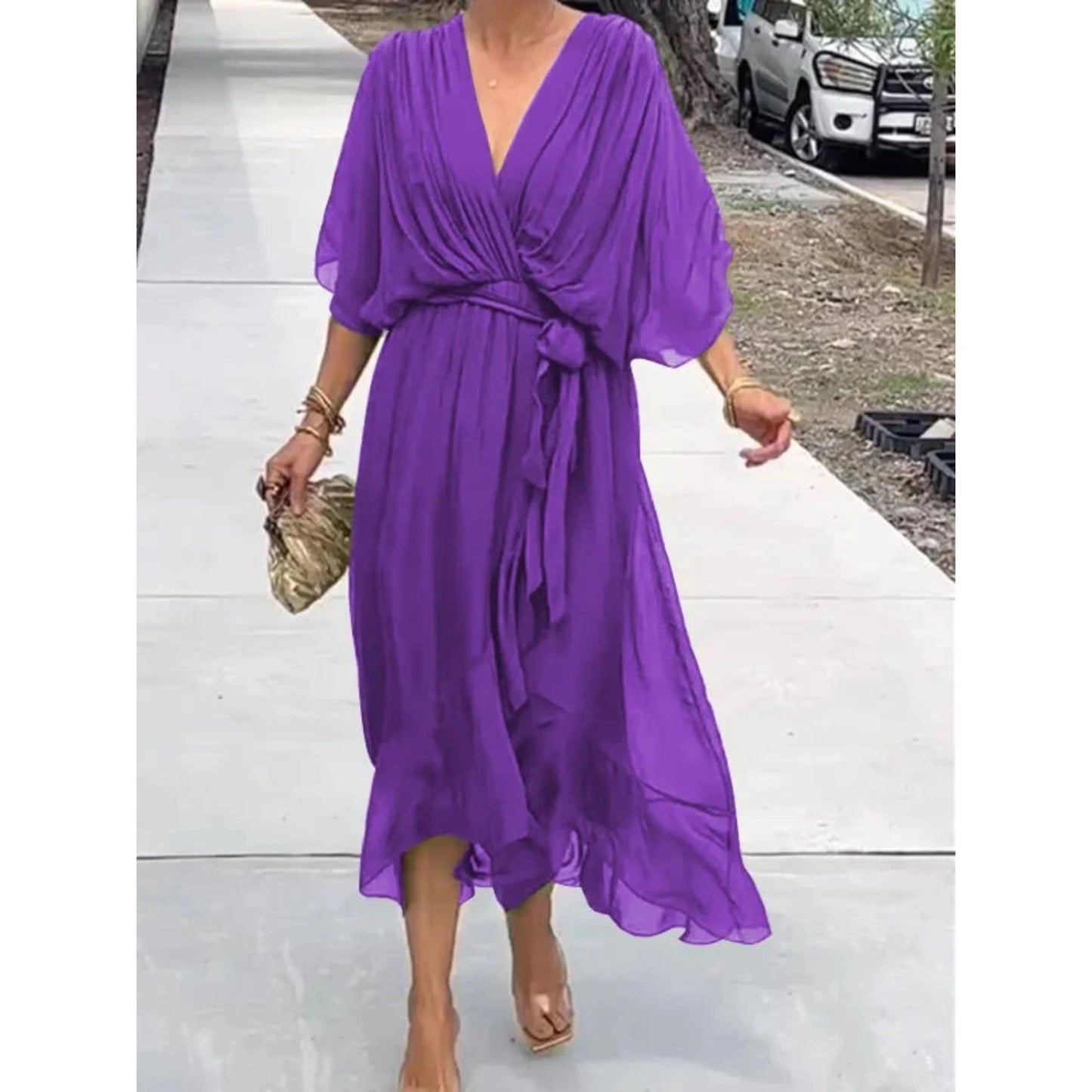 Femmes Robe Col V | Mousseline de Soie Stylée
