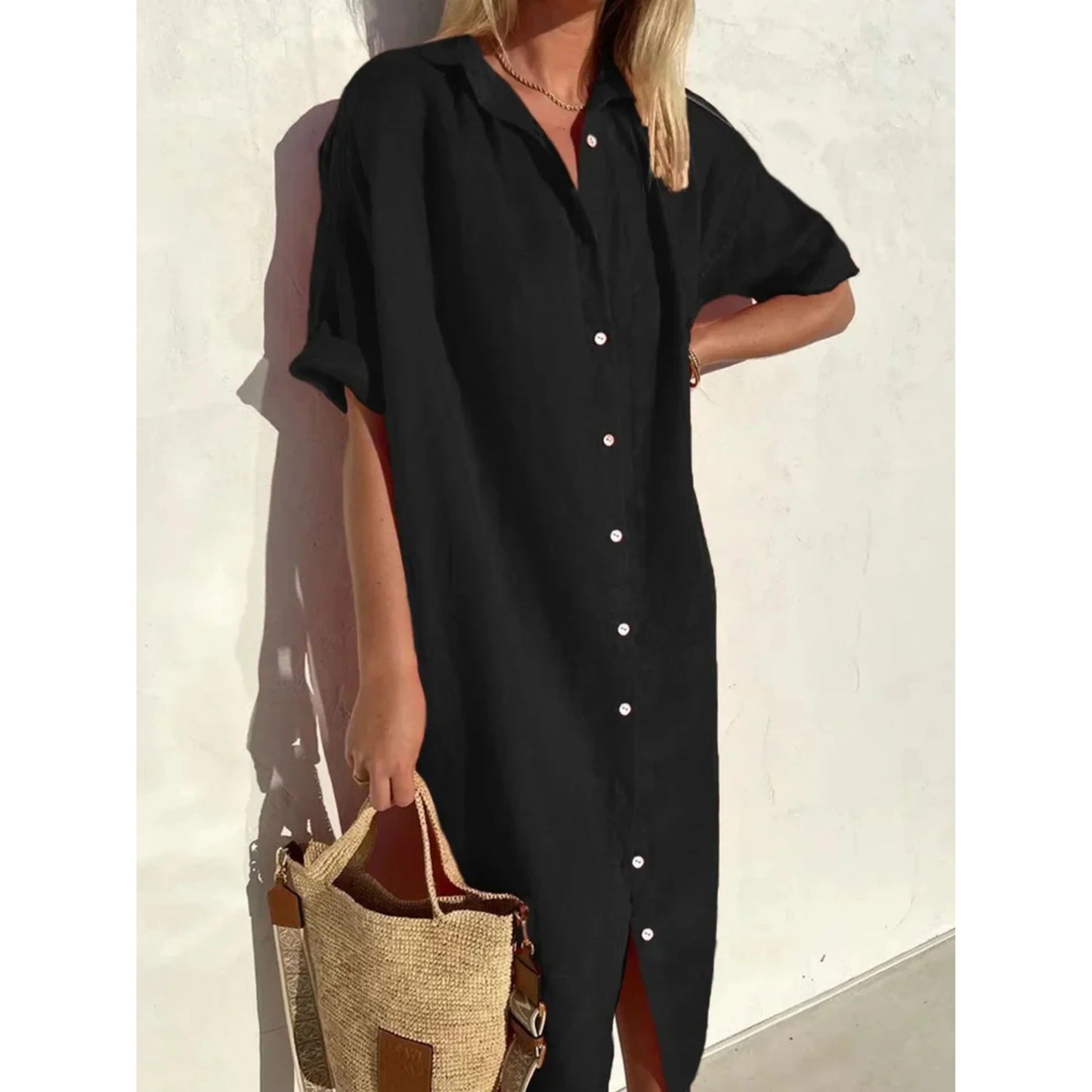 Femmes Robe Décontractée | Manches Amples Boutons