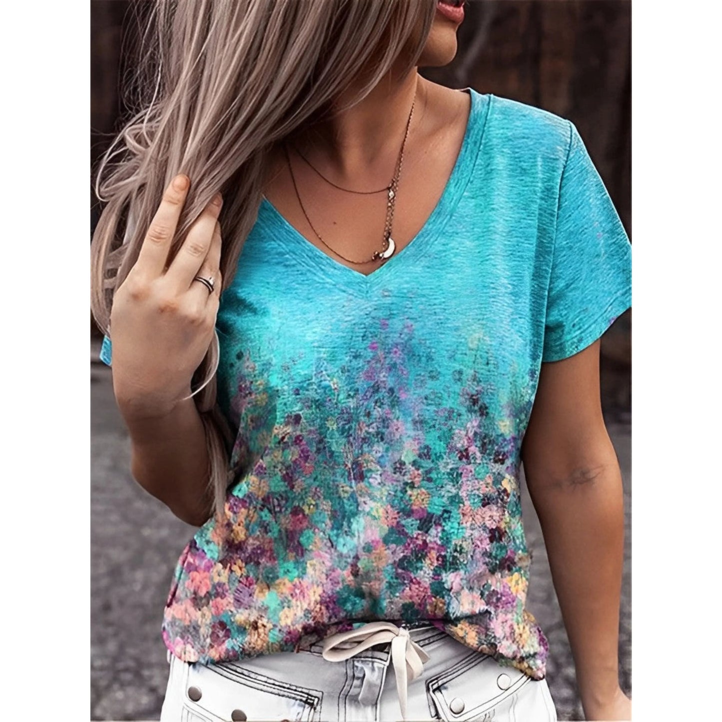 Femmes T-Shirt Col V | Imprimé Art Floral