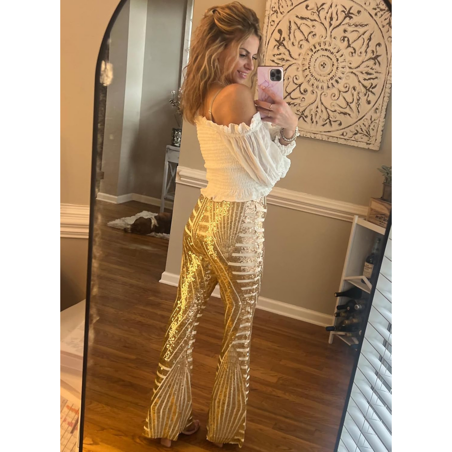Sophie-Anne | Femme Pantalon Évasé | Fini Scintillant & Style Rétro