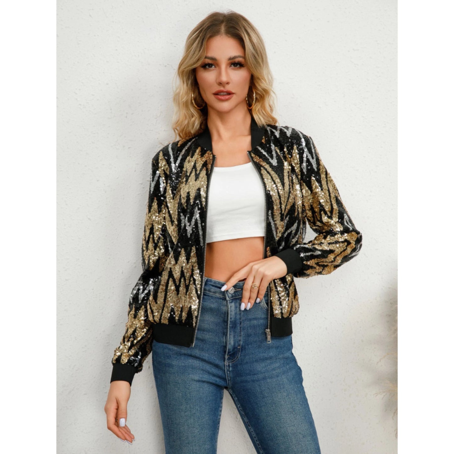 Femmes Veste Bomber Paillettes Soirée | Fermeture Éclair
