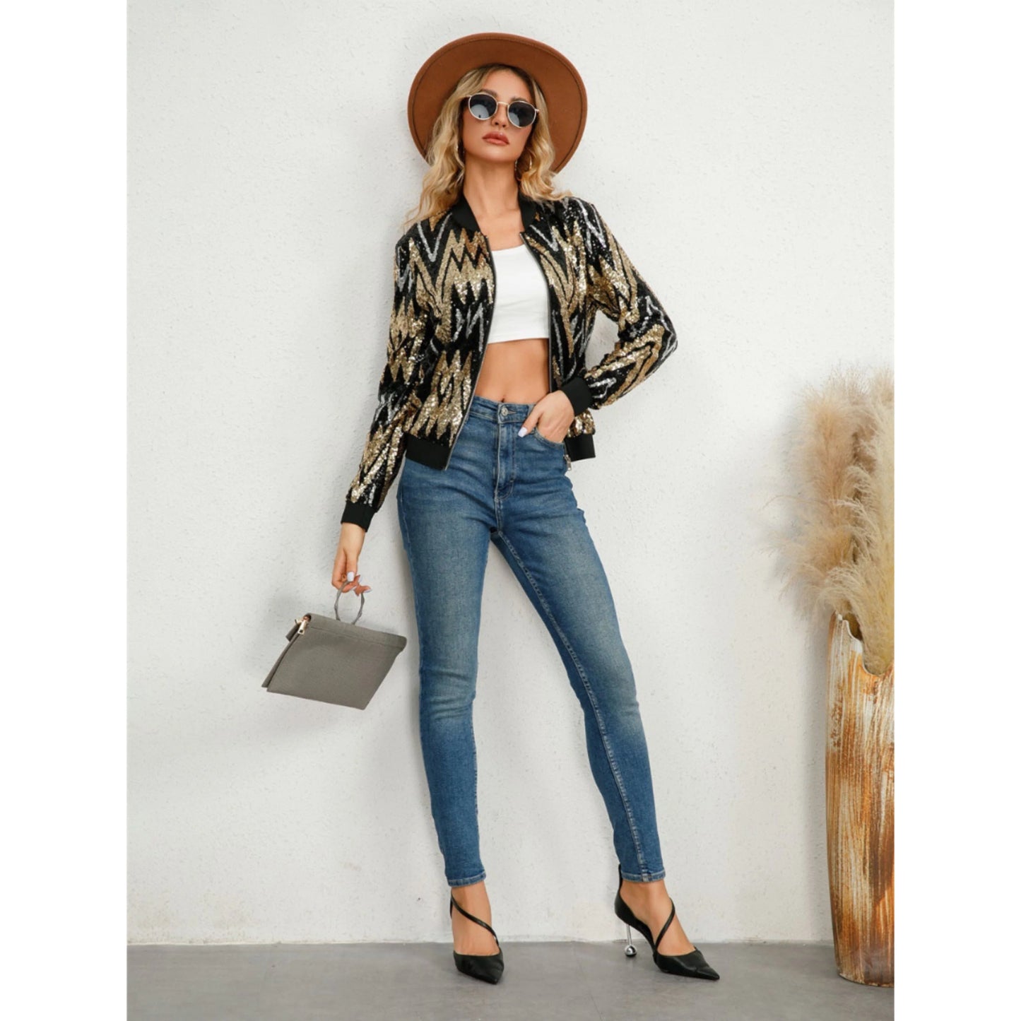 Femmes Veste Bomber Paillettes Soirée | Fermeture Éclair