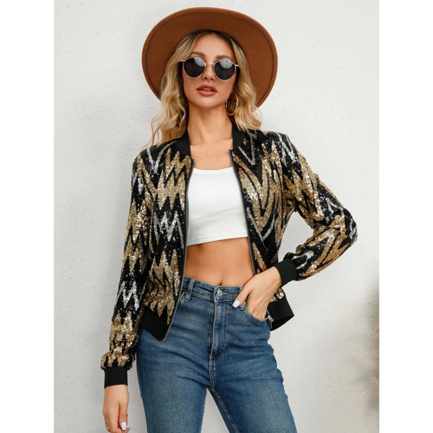 Femmes Veste Bomber Paillettes Soirée | Fermeture Éclair