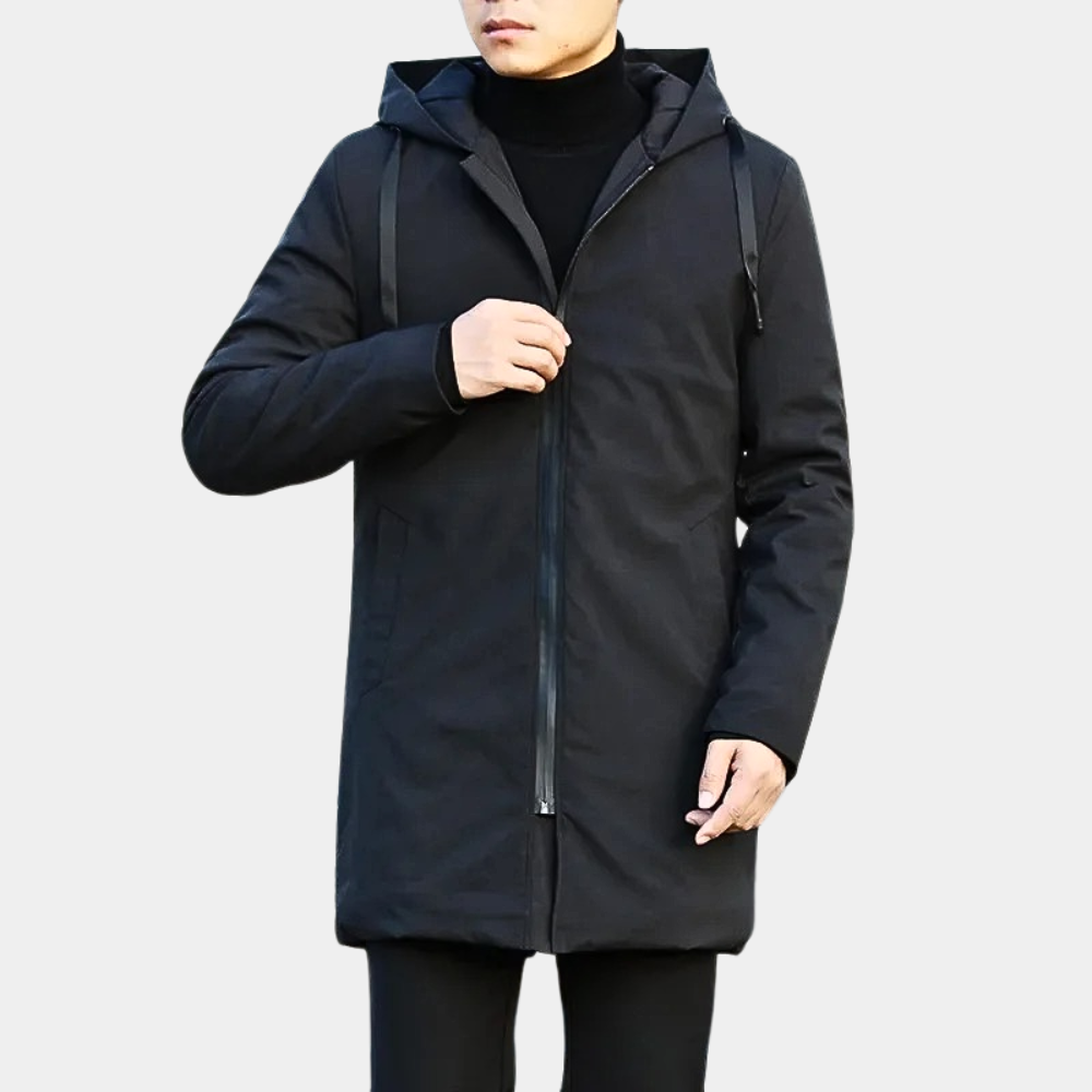 Veste longue "Enzo" pour homme, noire, avec capuche, fermeture éclair centrale et coupe moderne, idéale pour garder une chaleur optimale durant l'hiver.