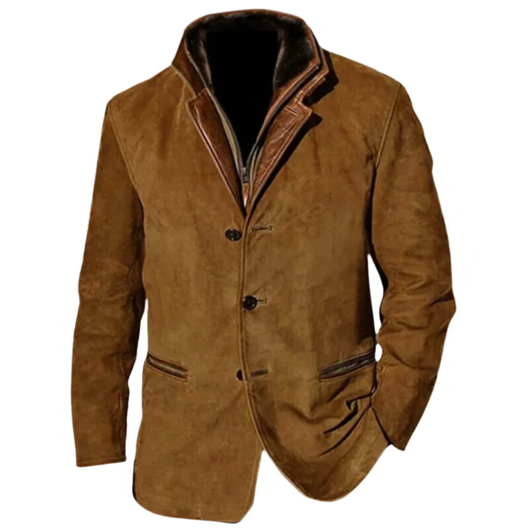 Veste pour hommes en daim marron élégant avec un col en cuir haut, conçue pour l'hiver, dotée d'une fermeture à boutons classique et d'une coupe épurée, offrant chaleur et sophistication.