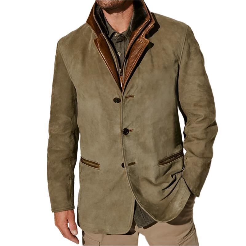 Veste pour hommes en cuir vert et marron élégant avec un col haut et un design classique à boutons, parfaite pour la mode hivernale, alliant look sophistiqué et chaleur.