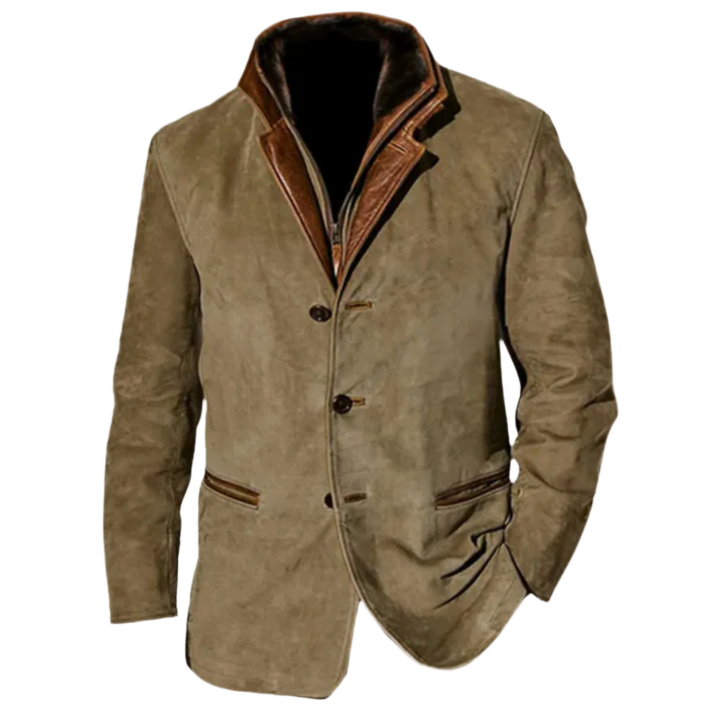 Veste d'hiver pour hommes en daim vert olive avec un col en cuir marron, dotée d'une fermeture à boutons classique et d'un design élégant et chaud, parfait pour les temps plus froids.
