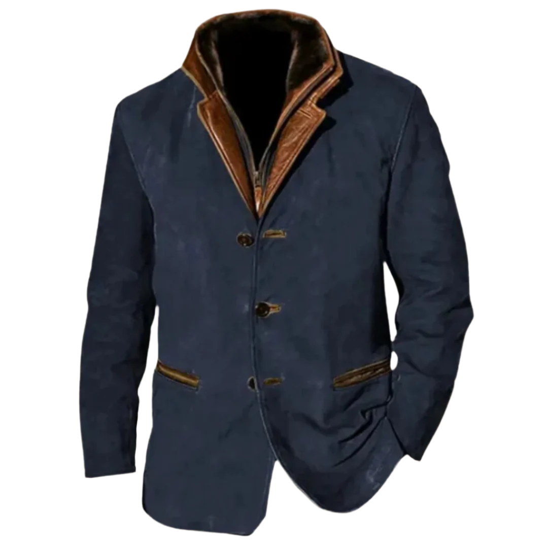 Élégante veste en daim bleu marine pour homme, avec col en cuir marron, boutonnage sur le devant, coupe ajustée, idéale pour un look hivernal tendance et chaud.