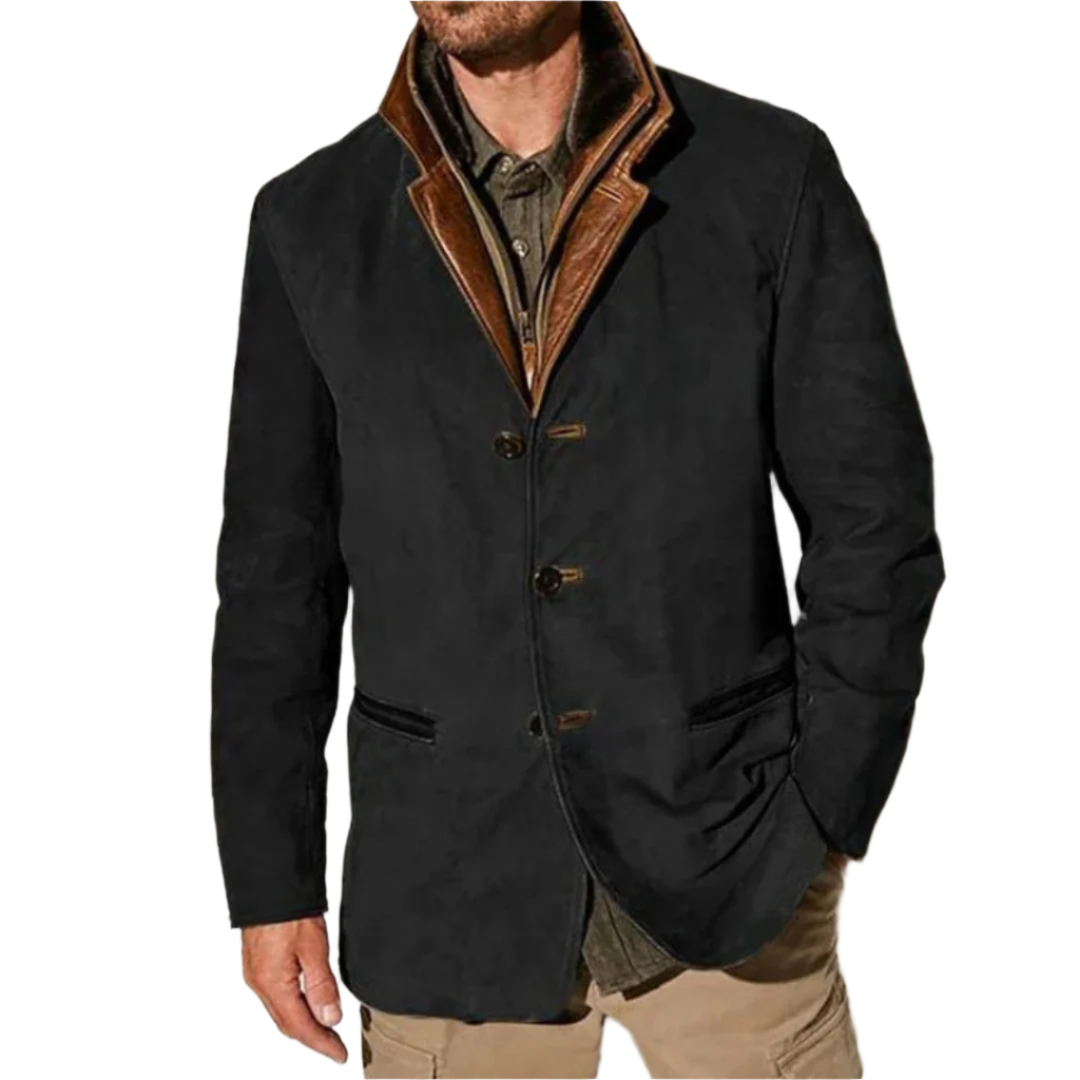 Blouson élégant en daim noir pour homme, avec col en cuir marron, boutonnage sur le devant et coupe ajustée, idéal pour un look hivernal tendance et chaud.