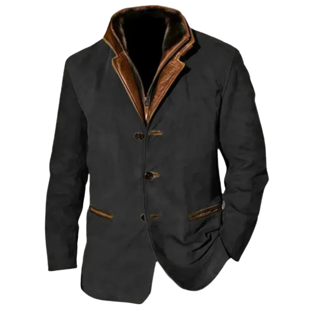 Veste en daim noir pour hommes avec un col en cuir marron élégant, présentant une fermeture boutonnée à l'avant et une coupe slim et ajustée. Idéale pour un look hivernal tendance avec un design classique.