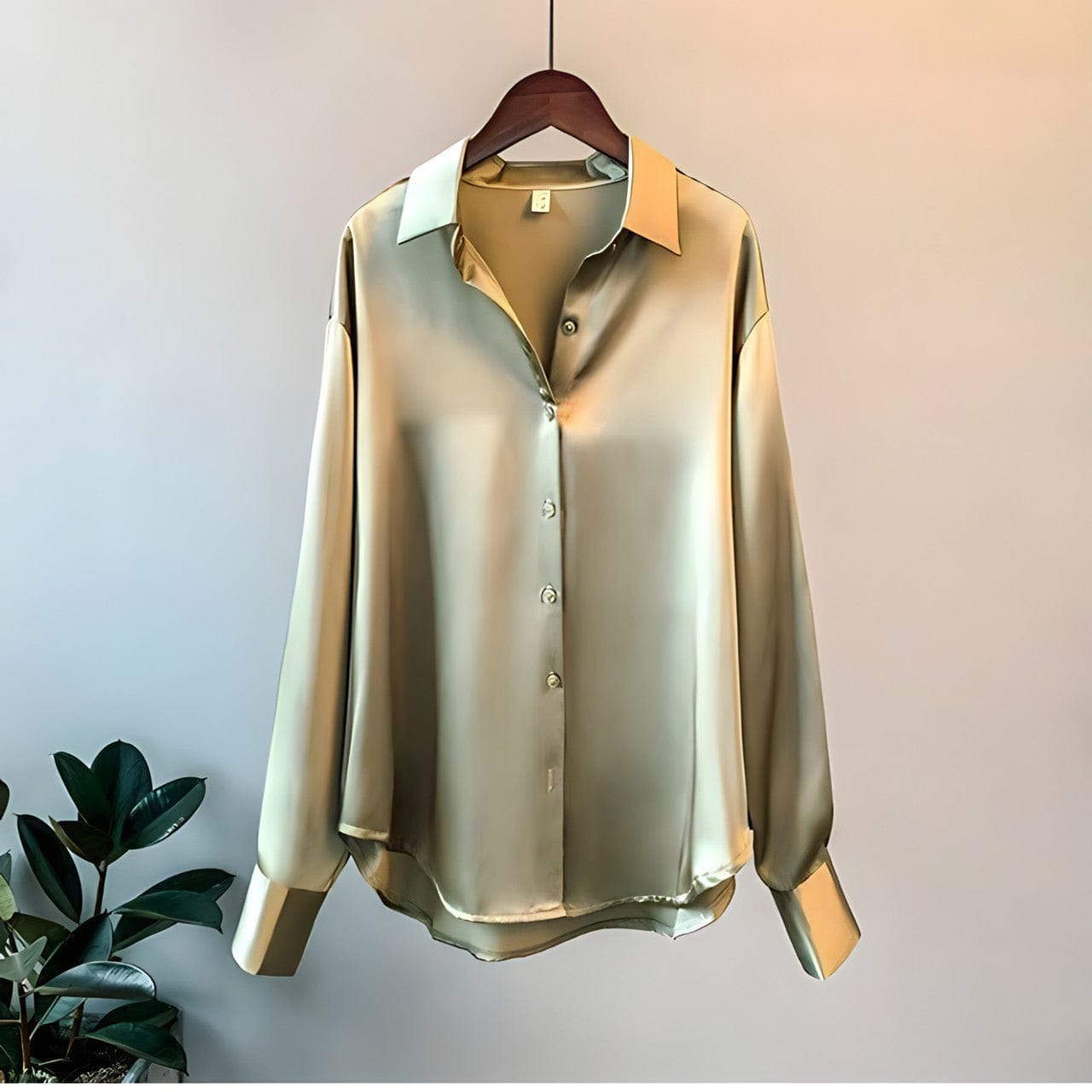 Une blouse satinée pour femme d'une couleur vert doux, avec un col classique, des manches longues avec poignets à boutons et une fermeture à boutons sur le devant. La blouse présente une finition lisse et brillante, suspendue à un cintre en bois contre un fond neutre avec une plante au premier plan.