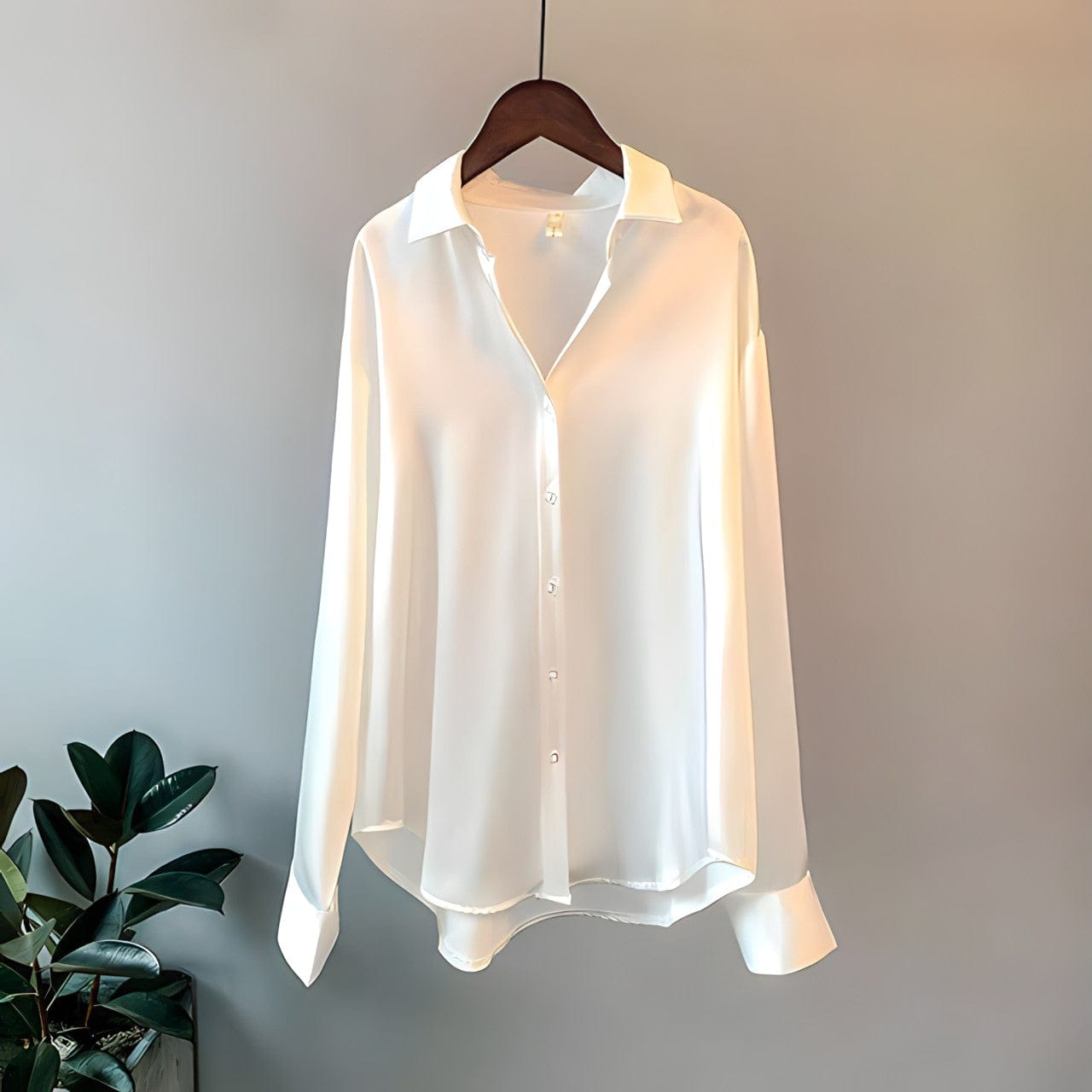 Une blouse satinée blanche pour femme, dotée d'un col classique, de manches longues avec poignets à boutons et d'une fermeture à boutons sur le devant. La blouse a une finition lisse et brillante, exposée suspendue à un cintre en bois contre un fond neutre avec une plante au premier plan.