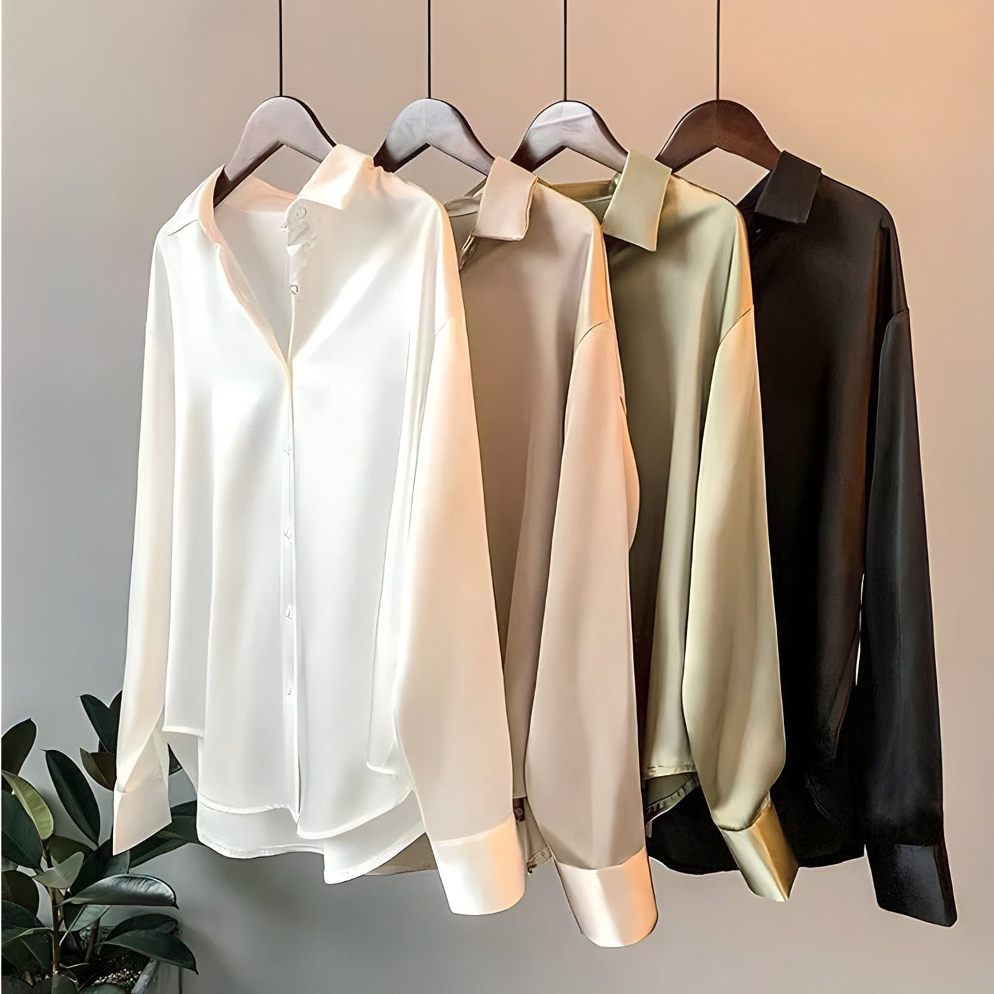 Une collection de quatre blouses satinées pour femme dans différentes couleurs (blanc, beige, olive et noir), accrochées à des cintres en bois. Chaque blouse présente un col classique, des manches longues avec poignets à boutons et une finition satinée lisse et brillante, exposée sur un fond neutre avec une plante au premier plan.