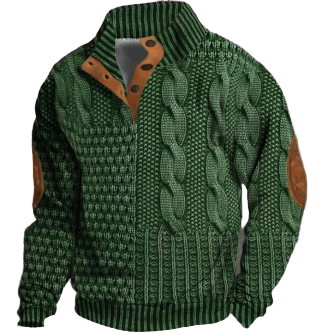 Marc | Pull à manches longues pour homme, oversize, avec motif en tricot torsadé vert, des coudières en suède marron, col montant et fermeture à boutons latéraux.
