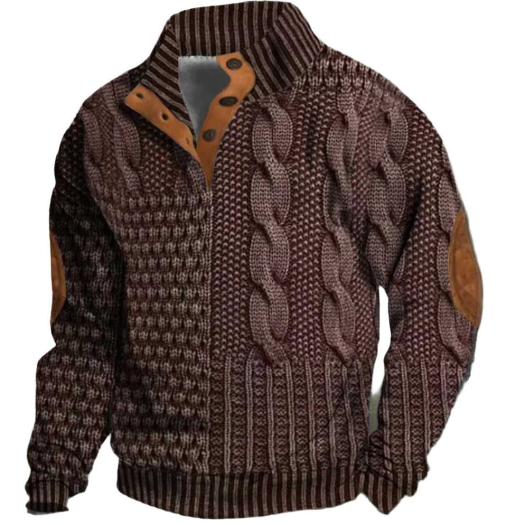 Marc | Pull à manches longues pour homme, oversize, avec motif en tricot torsadé marron, détails en suède sur les coudes et fermeture à boutons latéraux sur le col.