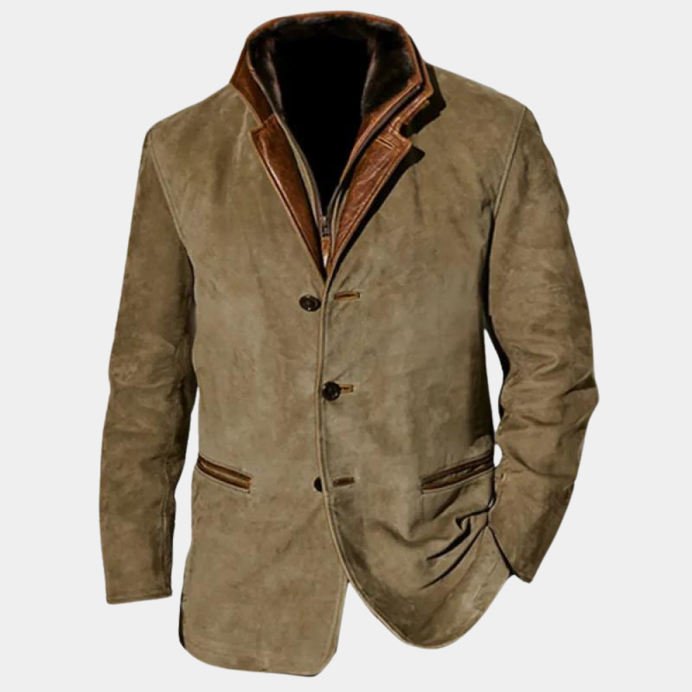 Veste - Blazer en suède kaki avec col en cuir marron contrastant, fermeture à boutons et poches passepoilées, offrant une allure élégante et masculine.