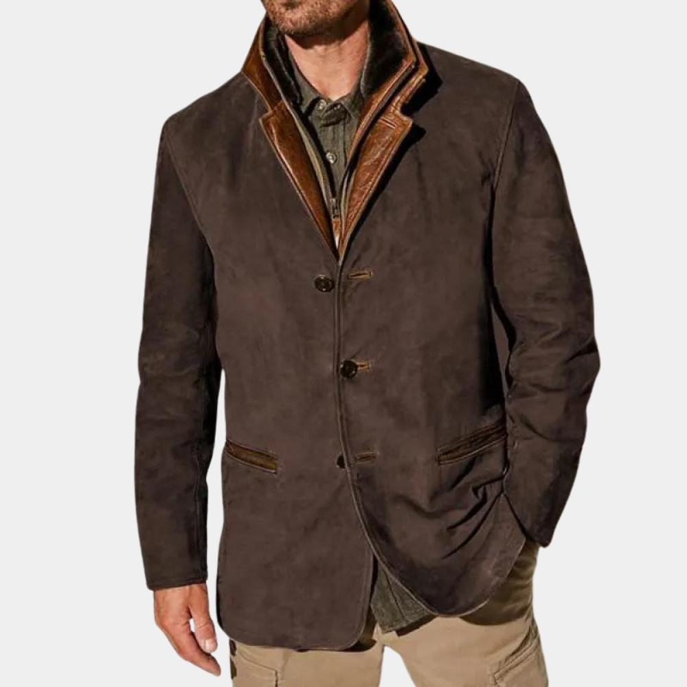 Veste - Blazer en suède marron foncé pour homme avec col et finitions en cuir contrastant, coupe élégante et moderne, idéal pour un style sophistiqué et décontracté.