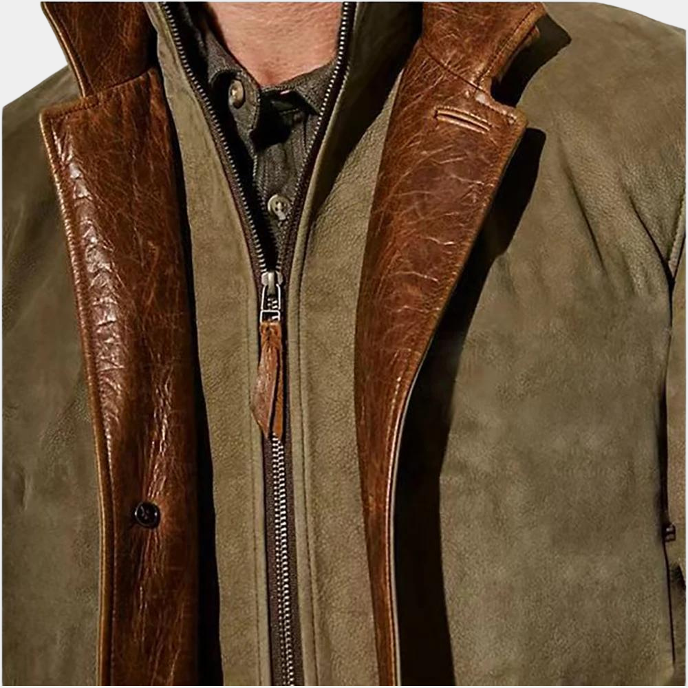 Veste - Blazer élégant en cuir et suède kaki avec col contrastant marron, fermeture zippée et finitions haut de gamme pour un look raffiné et masculin.