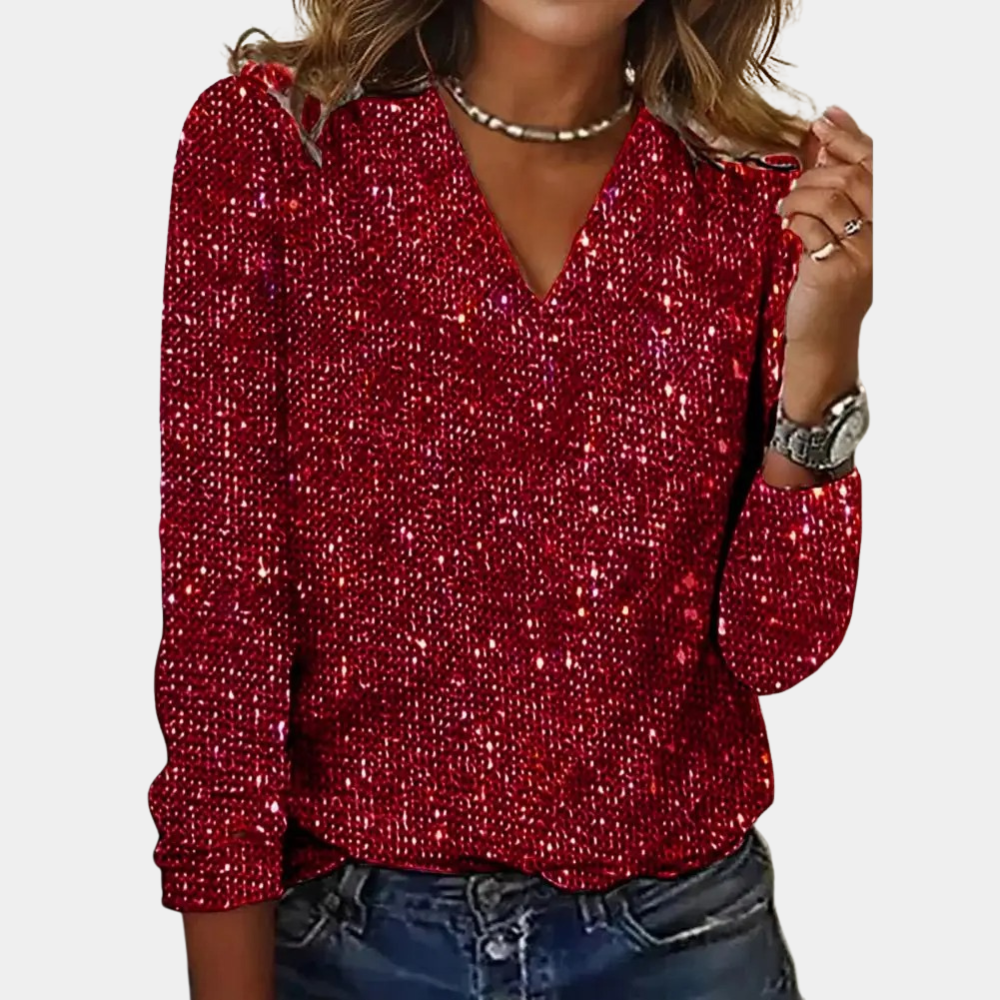 Blouse chic pour femme Satin à sequins, avec un décolleté en V et des manches longues, parfaite pour un look élégant et scintillant lors d'événements festifs.