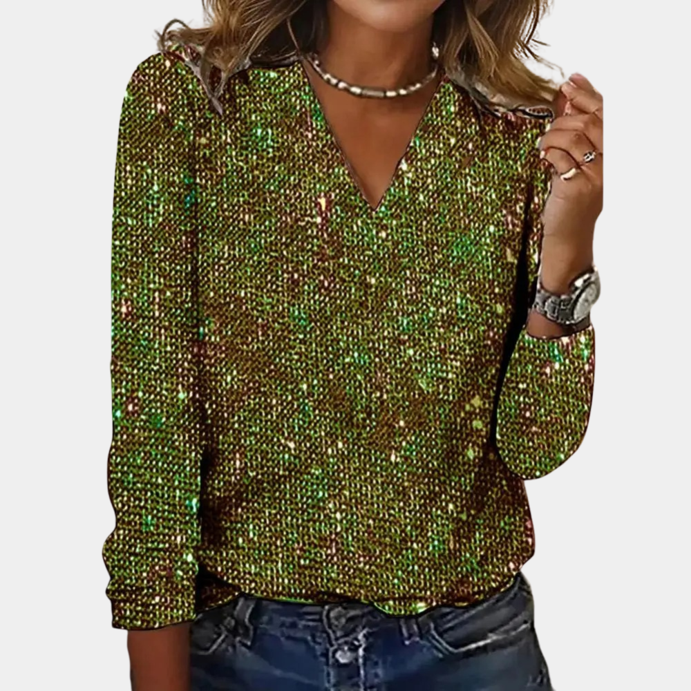 Blouse chic pour femme Satin, en tissu scintillant avec des sequins et de coupe décontractée, manches longues et décolleté en V, idéale pour une soirée élégante.