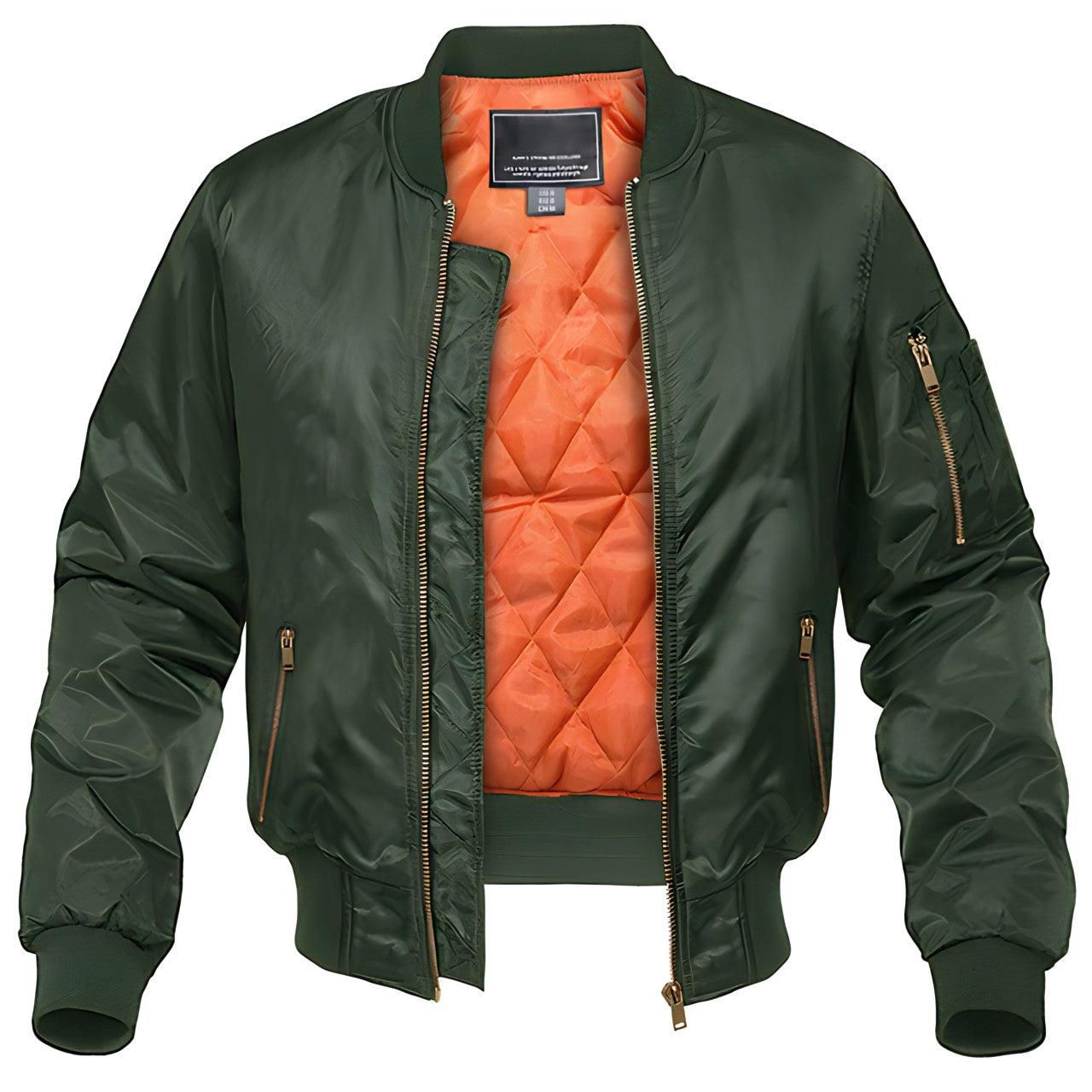 Une veste bomber verte stylée pour homme avec une doublure matelassée orange, mettant en valeur des détails de fermetures éclair dorées sur le devant et les manches. La veste possède un ourlet et des poignets côtelés pour plus de confort, offrant chaleur et un look moderne et épuré pour les saisons automnale et hivernale.