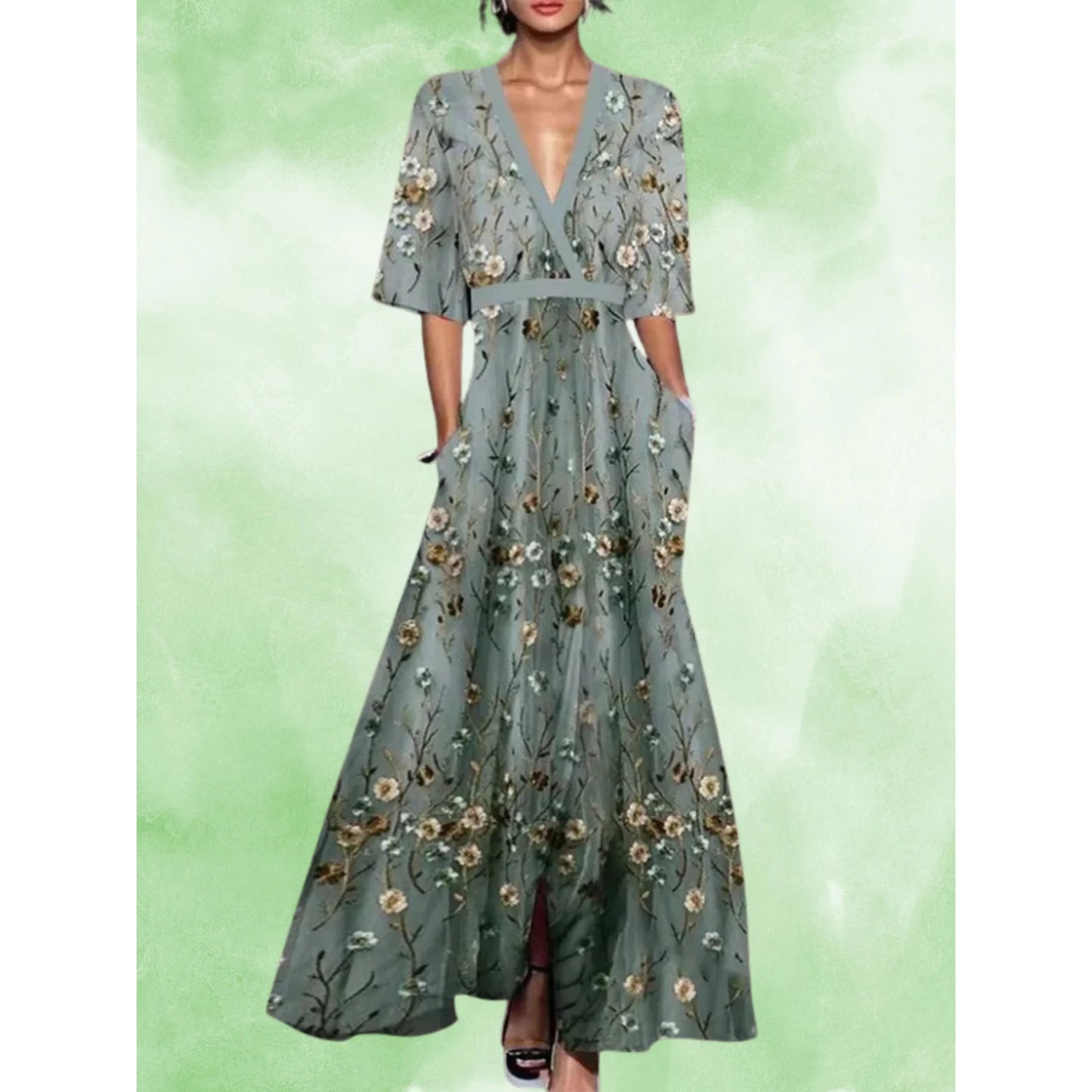 Femmes Robe Longue Verte | Demi-Manches Jeune