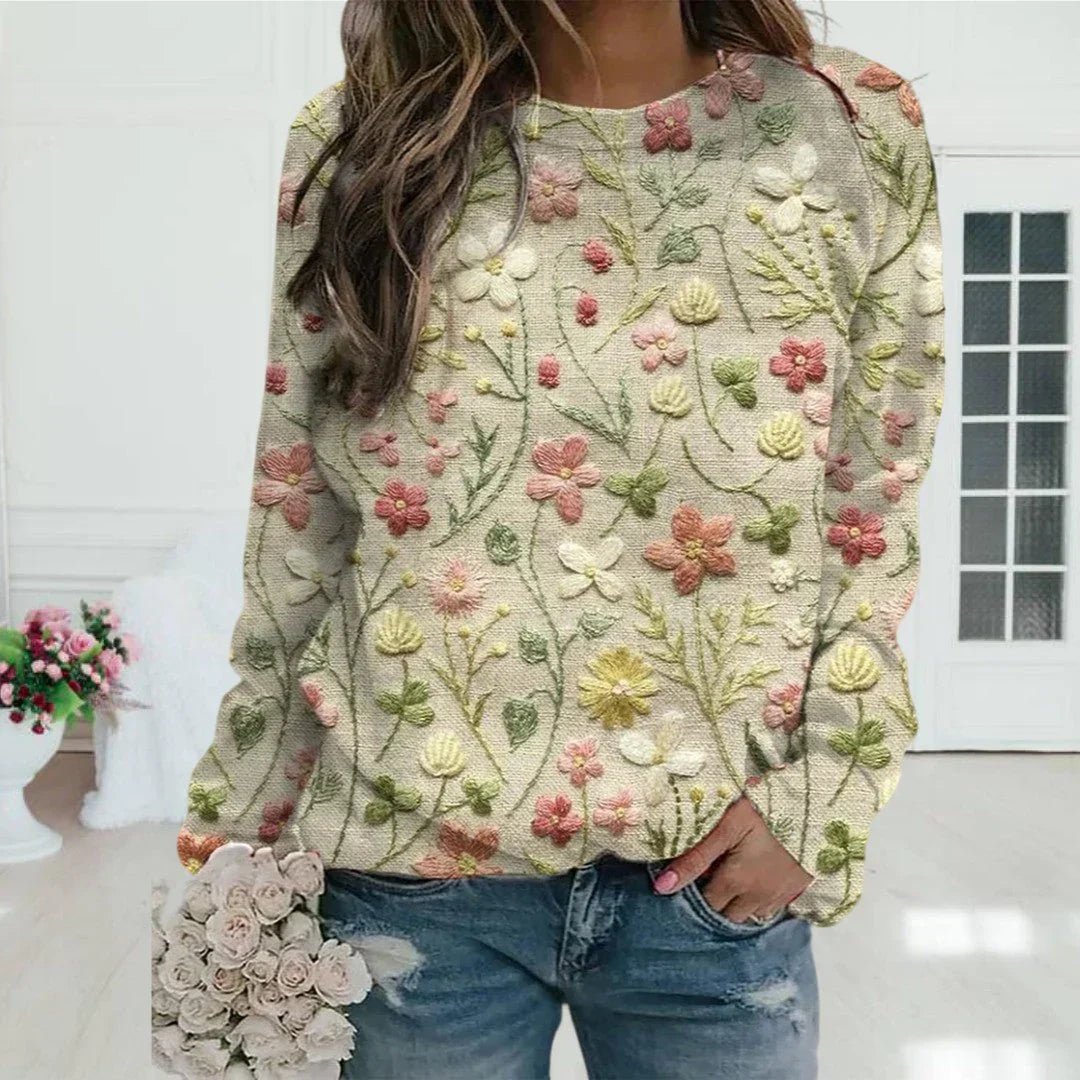 Marilène | Femme Pull Hiver | Broderies Florales et Coupe Décontractée