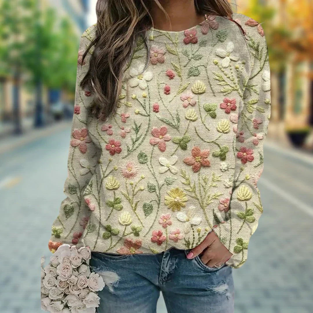 Marilène | Femme Pull Hiver | Broderies Florales et Coupe Décontractée