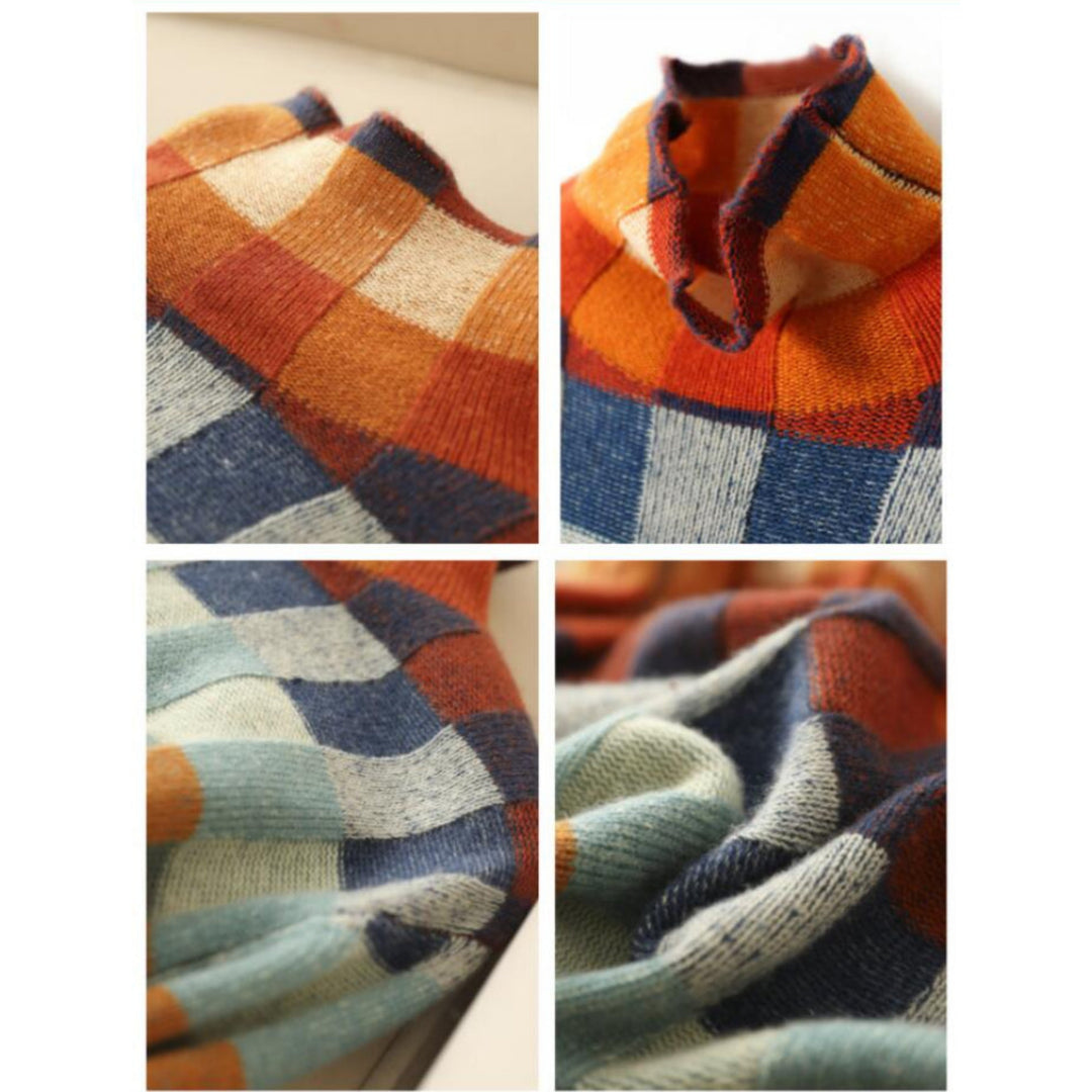 Pull Emphélie à carreaux tartan pour femme, motif tendance adapté aux tenues automnales colorées.