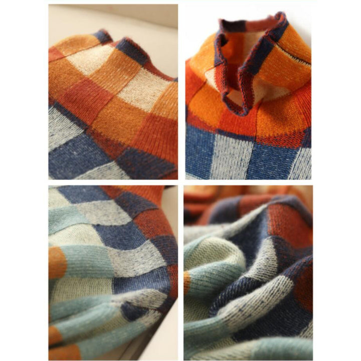 Pull Emphélie à carreaux tartan pour femme, motif tendance adapté aux tenues automnales colorées.