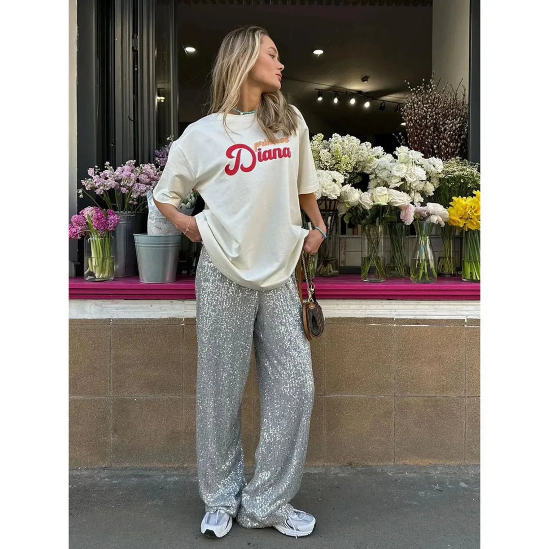 Femmes Pantalon Paillettes Taille Haute | Ample