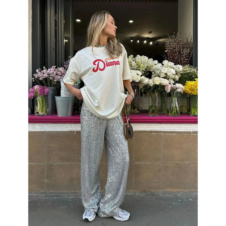 Femmes Pantalon Paillettes Taille Haute | Ample