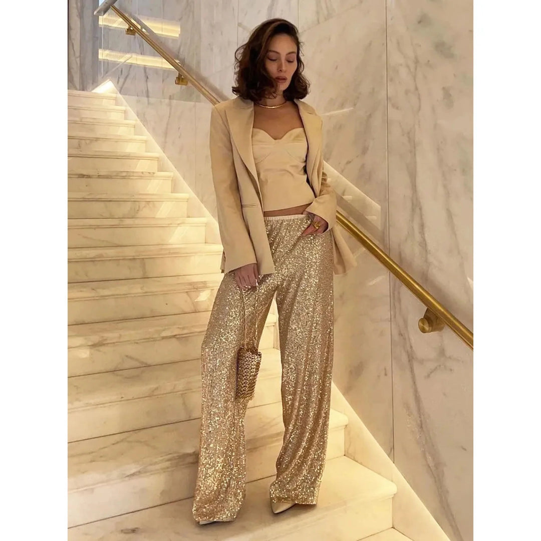 Femmes Pantalon Paillettes Taille Haute | Ample