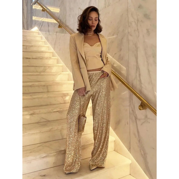 Femmes Pantalon Paillettes Taille Haute | Ample