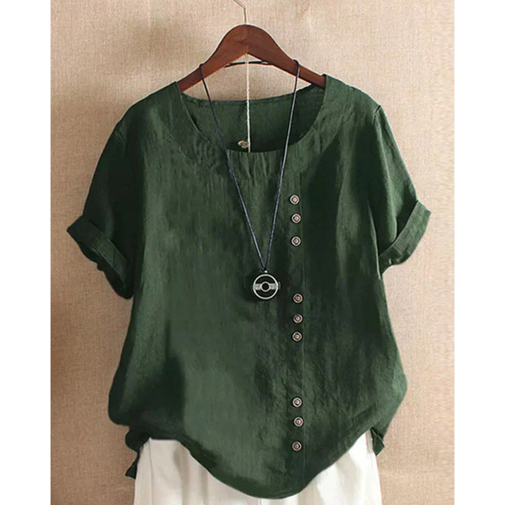 Blouse pour femme à manches courtes et col rond, teinte unie, coupe ample et tissu léger adapté aux journées chaudes.