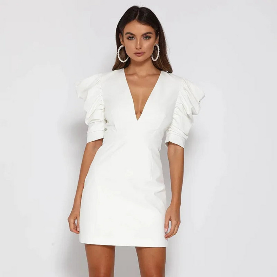 Soléa | Femme Robe Midi | Col V & Manches Bouffantes