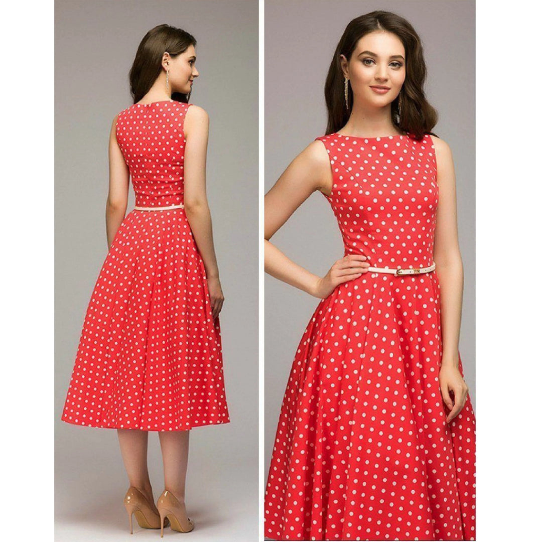 Robe à pois pour femme, coupe raffinée et motif rétro adapté aux tenues polyvalentes.