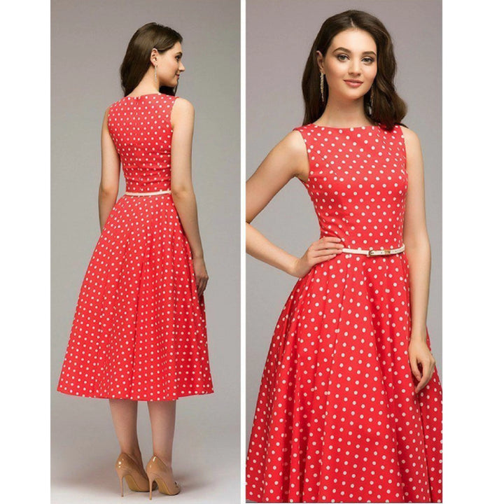 Robe à pois pour femme, coupe raffinée et motif rétro adapté aux tenues polyvalentes.