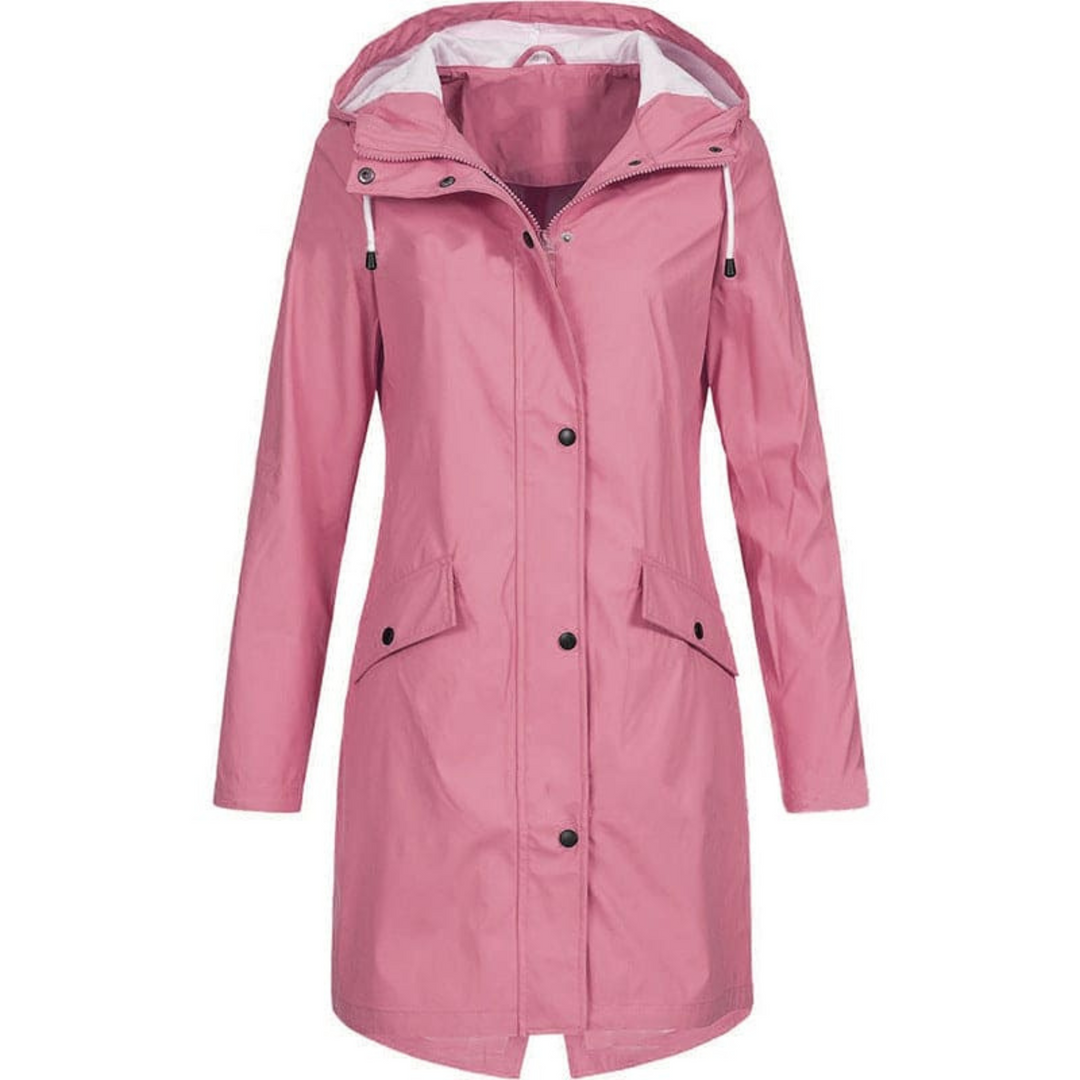 Manteau de pluie à capuche pour femme, traitement imperméable adapté aux journées automnales pluvieuses.