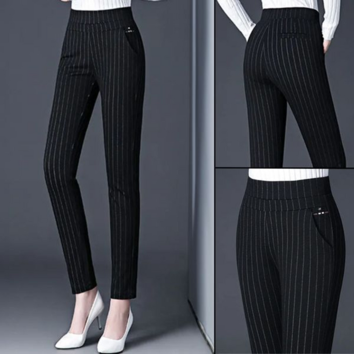 Pantalon Suzon taille haute pour femme, coupe droite et taille élastique adaptée aux tenues polyvalentes.