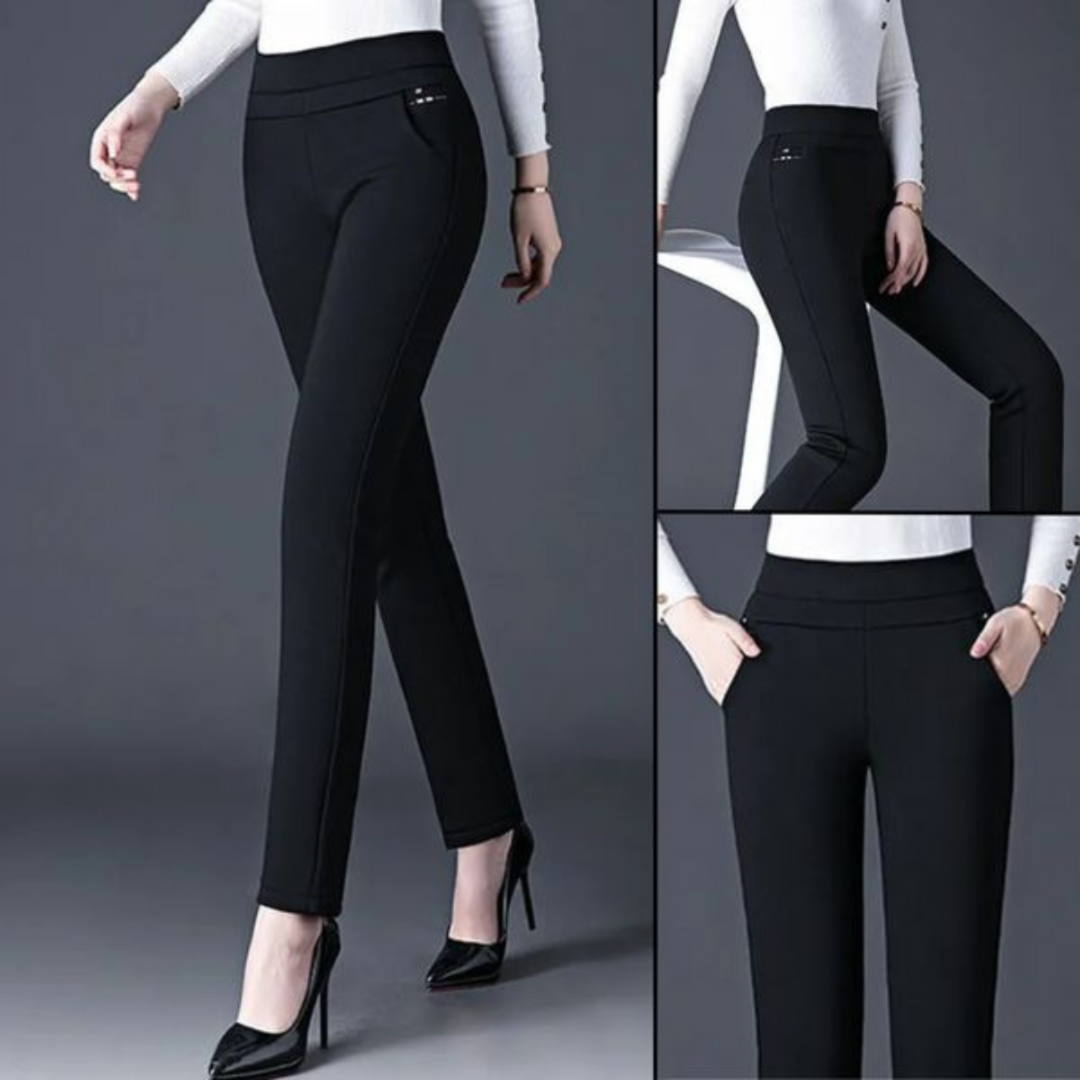 Pantalon Suzon taille haute pour femme, coupe droite et taille élastique adaptée aux tenues polyvalentes.