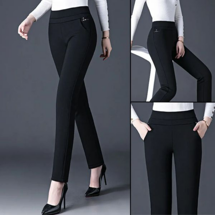 Pantalon Suzon taille haute pour femme, coupe droite et taille élastique adaptée aux tenues polyvalentes.