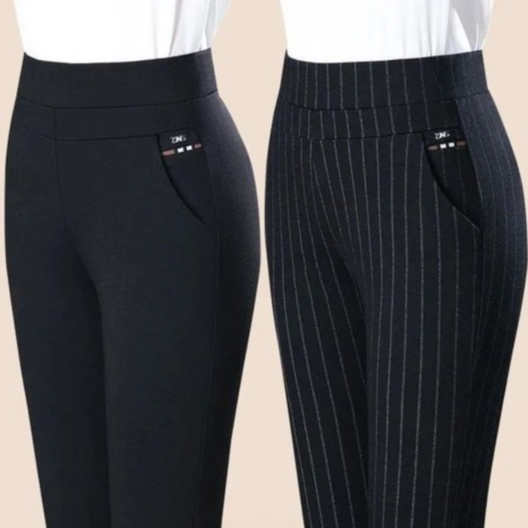 Pantalon Suzon taille haute pour femme, coupe droite et taille élastique adaptée aux tenues polyvalentes.