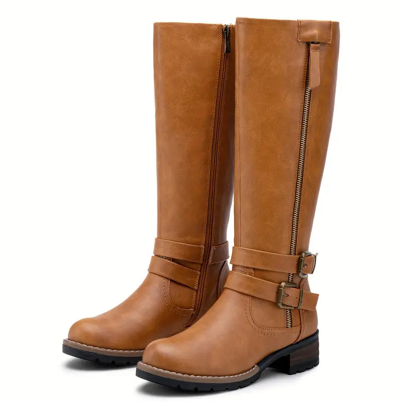 Bottes hautes Elise en similicuir pour femme, tige cavalière adaptée aux tenues automnales tendance.